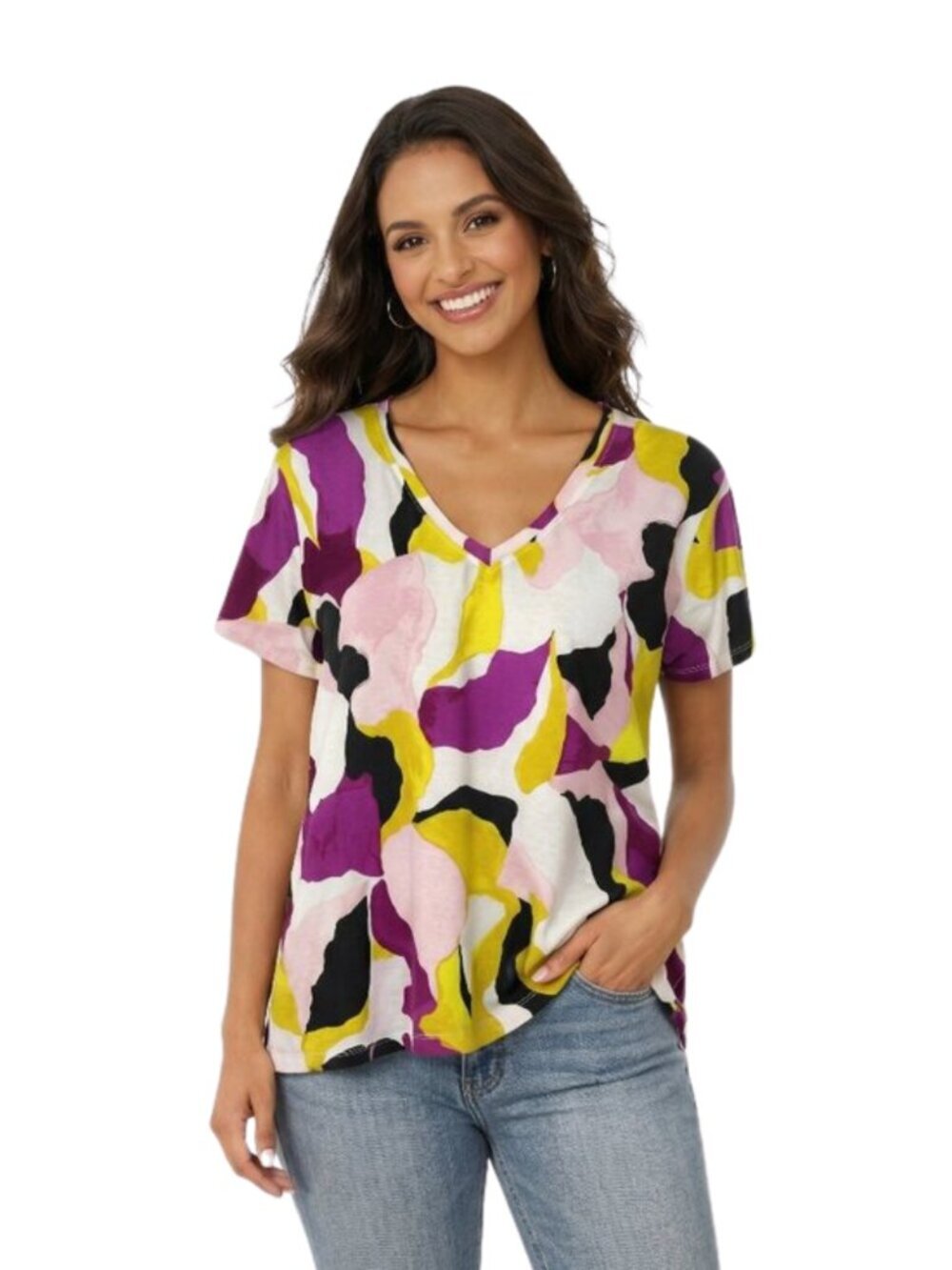 Nine West Soft Spun V-Neck Top M Abstract Watercolor Floral Bright